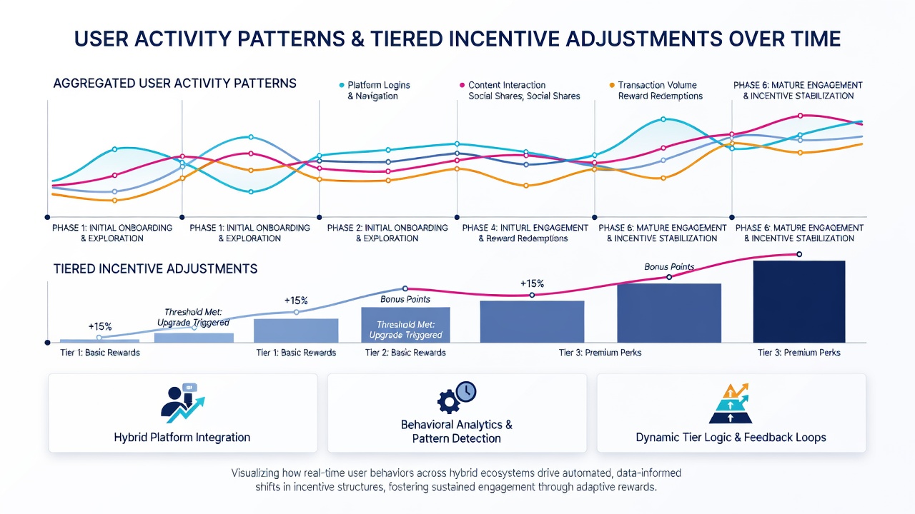 Graphs illustrating tier progression timelines linked to user engagement data over multiple quarters